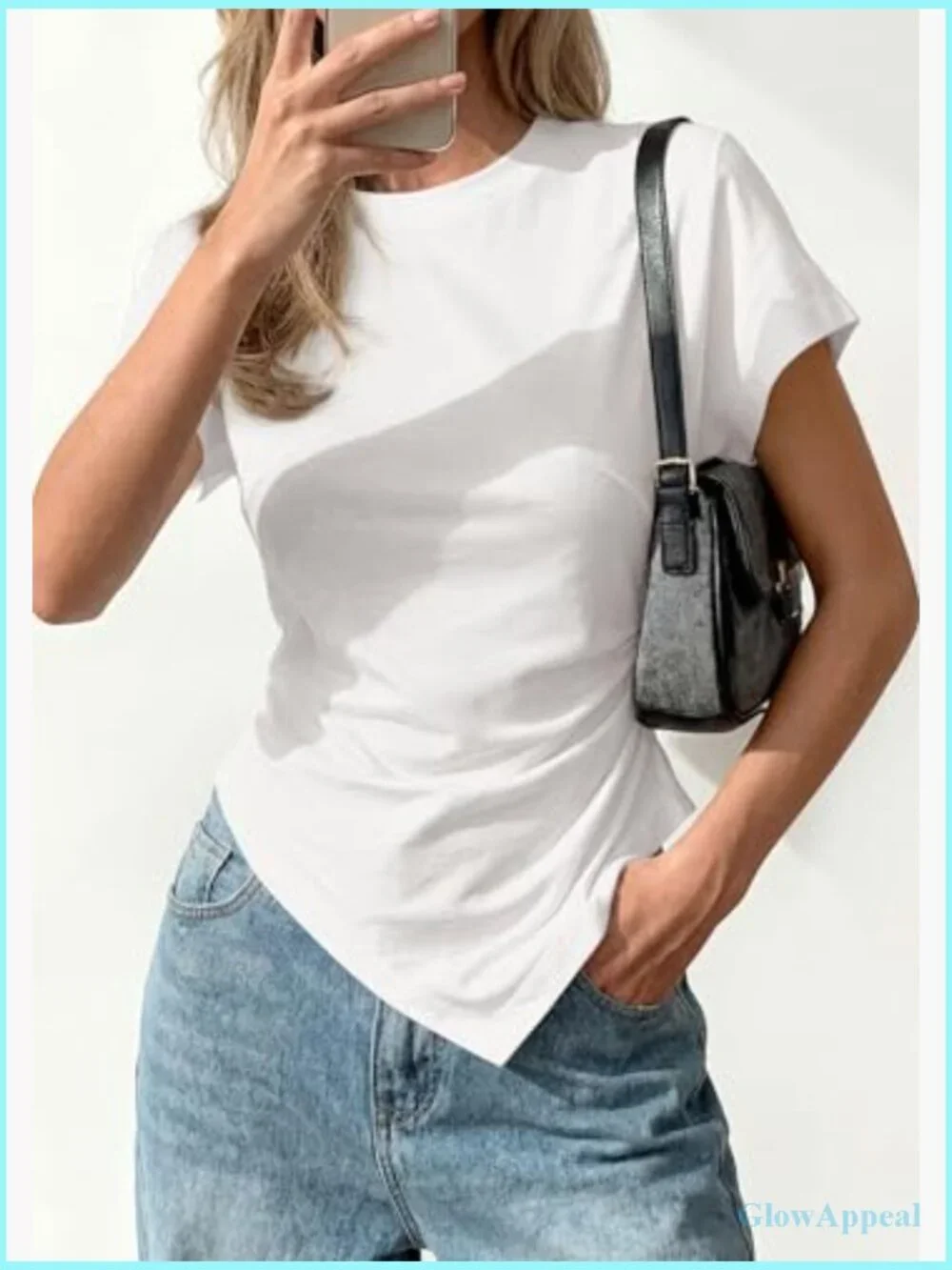 Asymmetrical Crew Neck Short Sleeve T-Shirt Slim Fit Cotton Blend - Picture 3 of 7